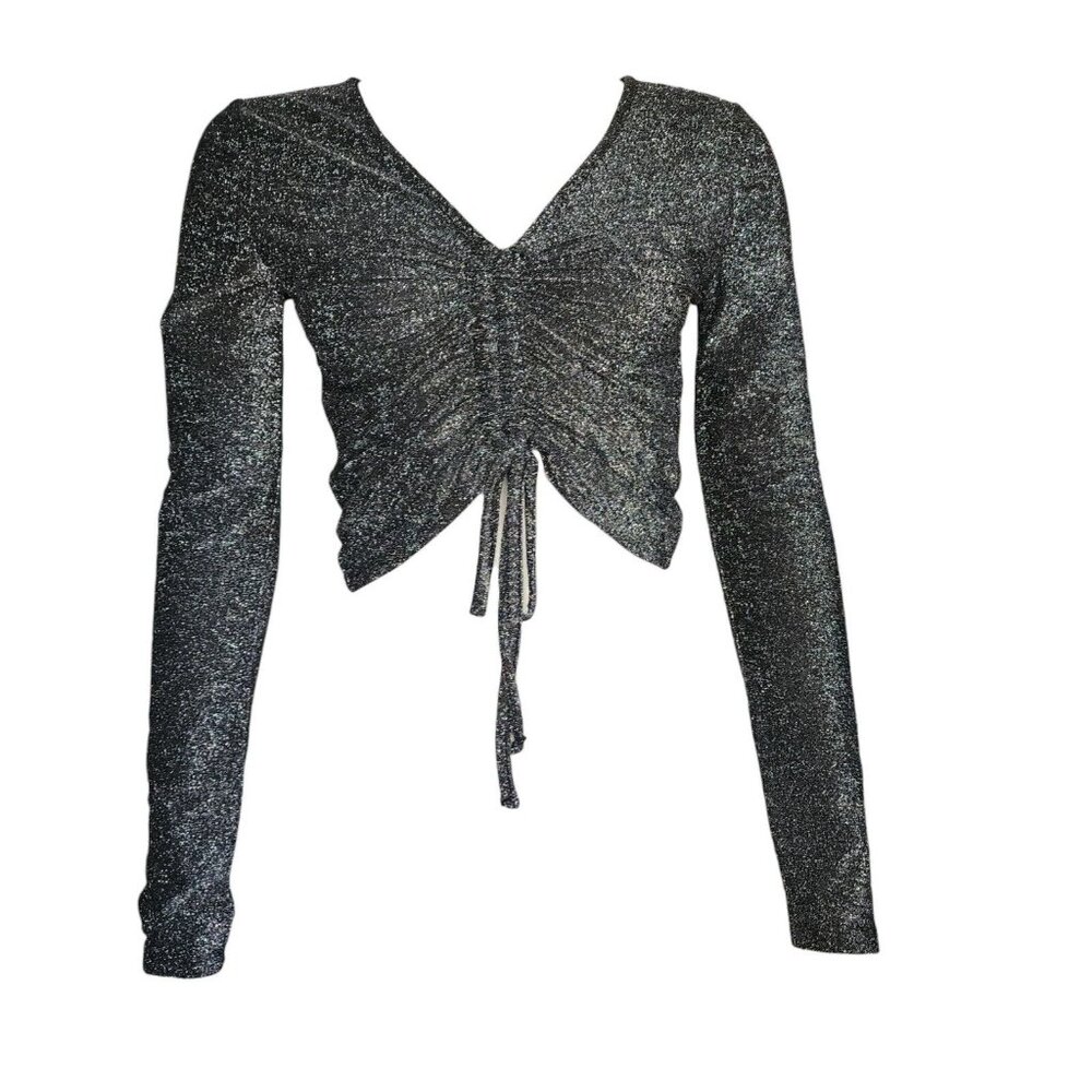 NWT FOREVER 21 Black Silver Glitter Long Sleeve Ruched Front Top Womens‎ Size L